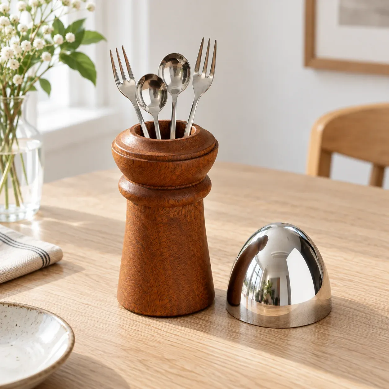 Wicklow wooden caddy holding small forks and spoons beside its removable steel cover
