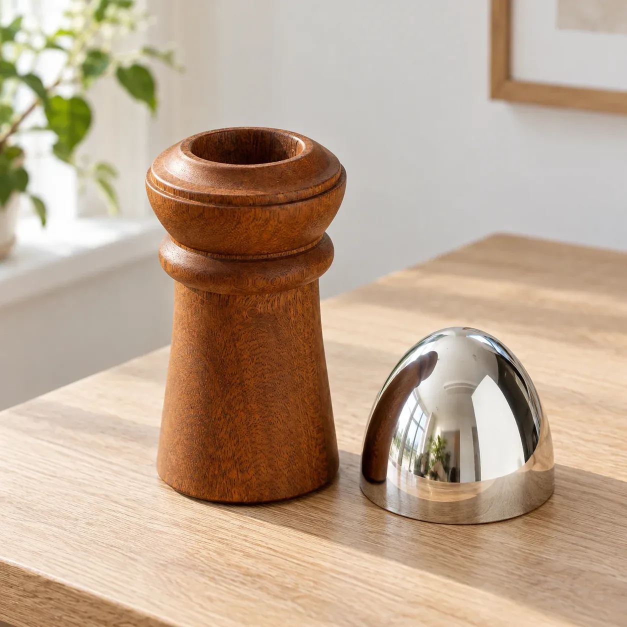 Empty Wicklow wooden cup and polished steel cover on a tabletop
