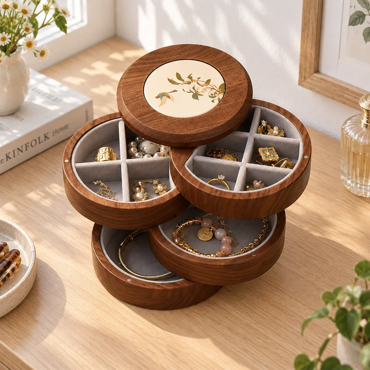 Juniper Swivel Jewelry Box holding everyday essentials in a home setting