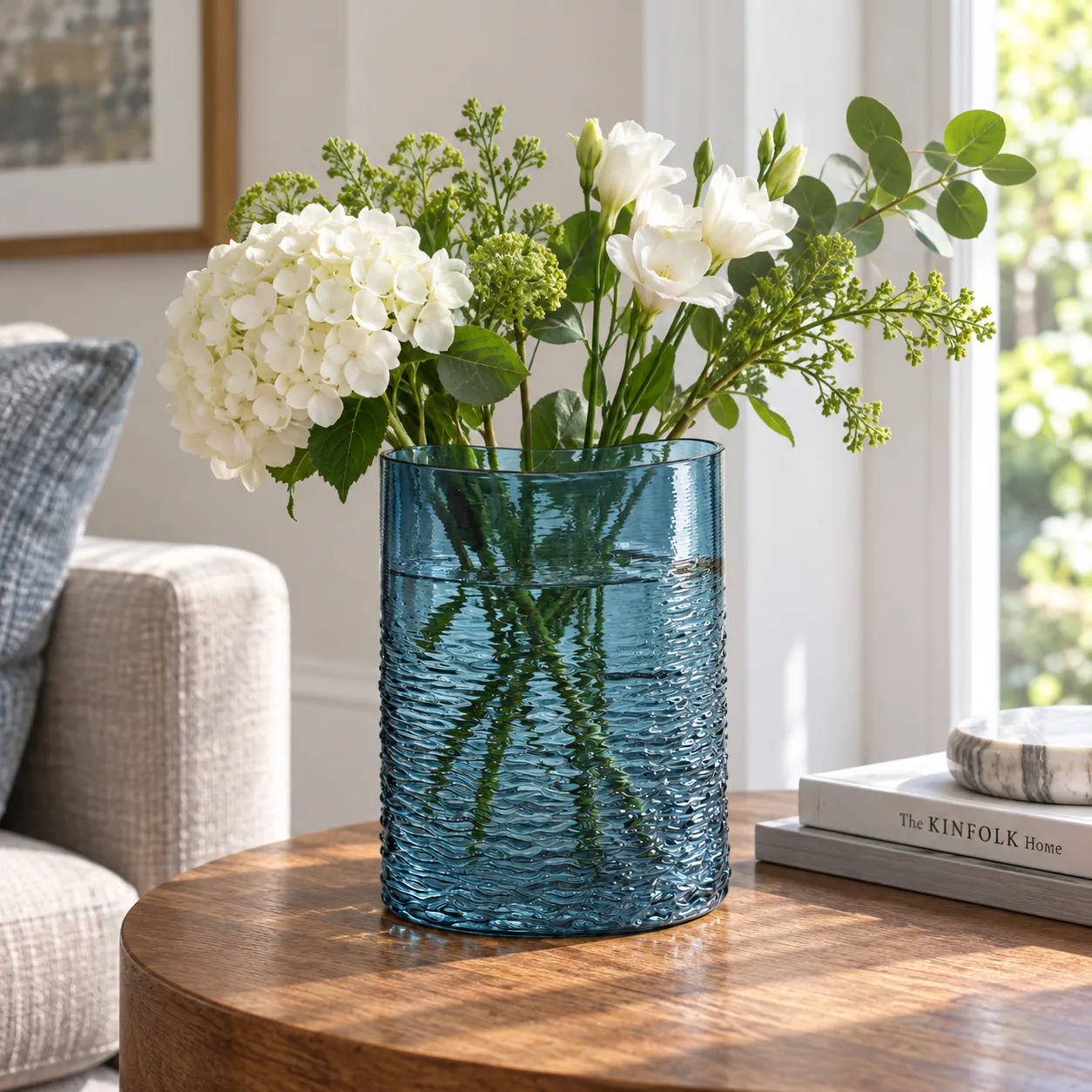 Maris Blue Glass Vase — shown in use