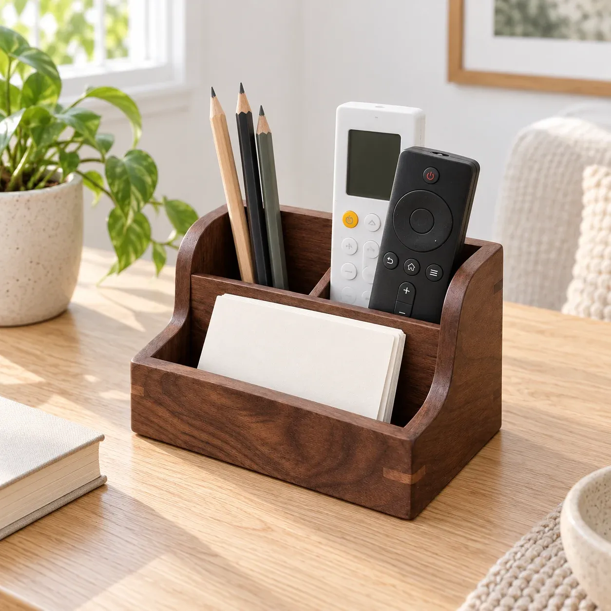 Ellery Remote Caddy holding everyday essentials in a home setting
