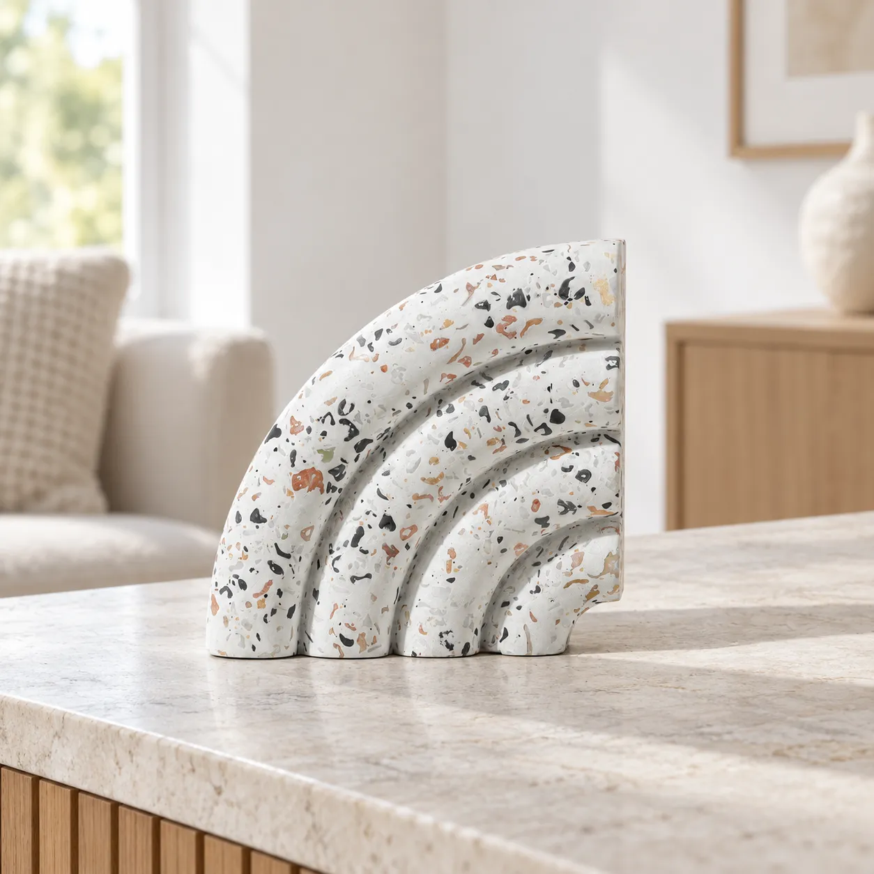 Terrazzo Arch Bookend - lead view; one bookend, books excluded