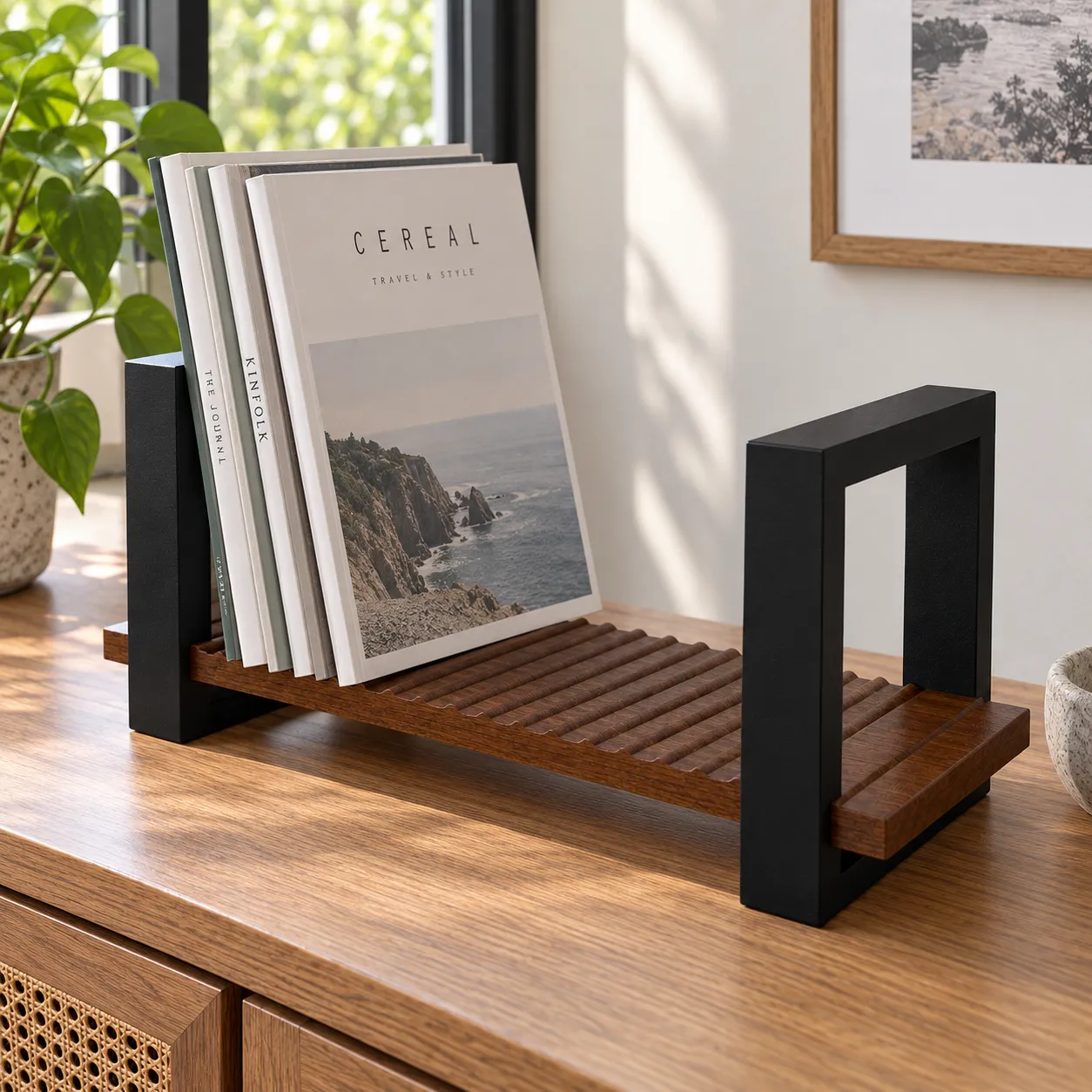 Riven Magazine Rack — shown in use